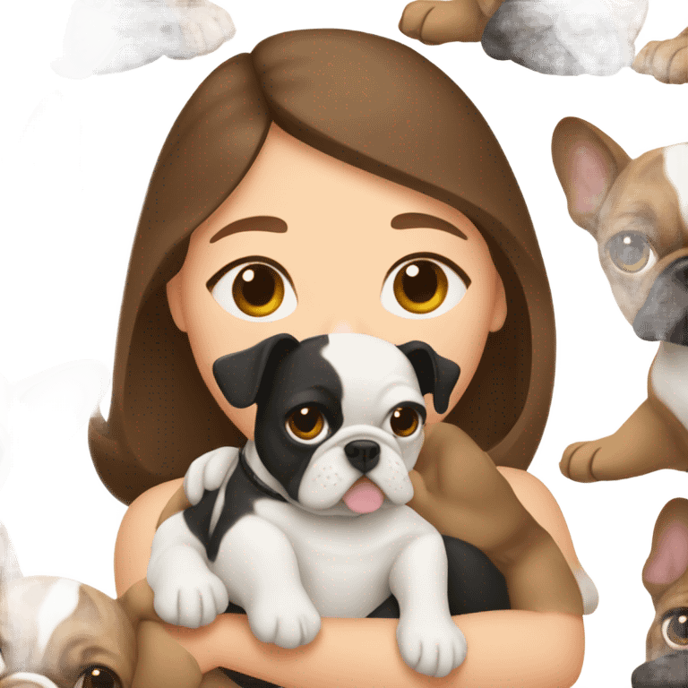 brunette girl cuddling two french bulldogs (one white and one brown) emoji