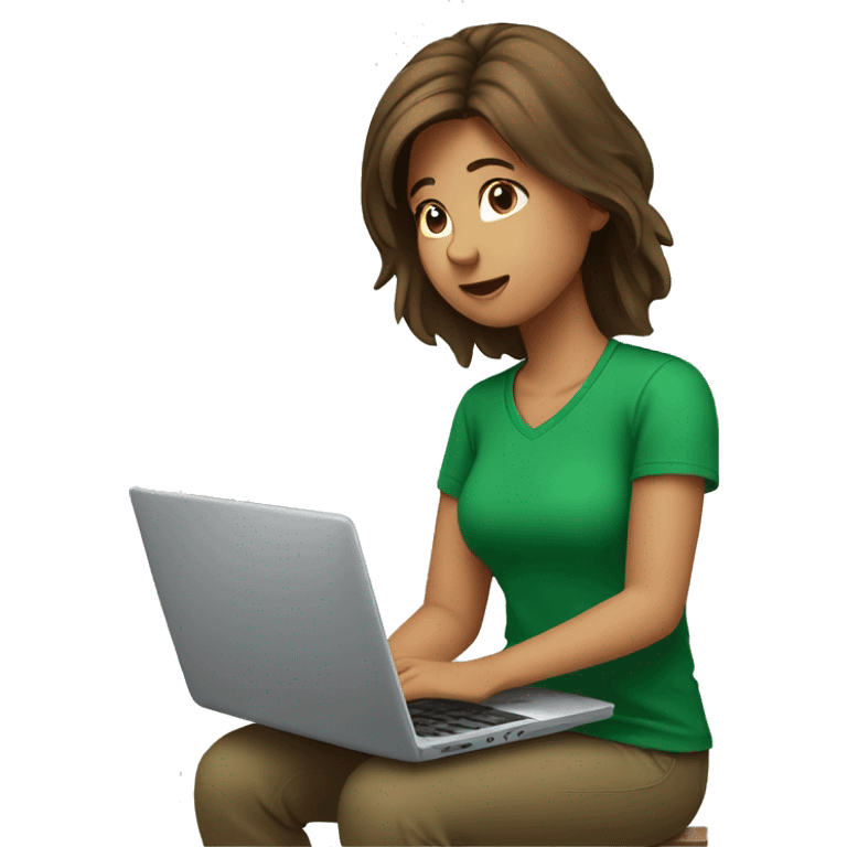 Brown hair girl in a green T shirt working on a laptop emoji