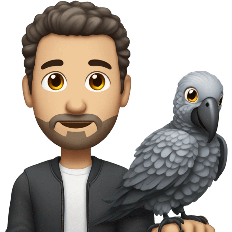 White Man with dark brown pompadour hair and dark brown short beard sitting on top of a giant african grey bird emoji