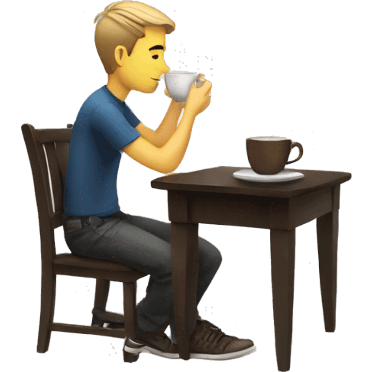 A white boy reading at a coffee table with a cup of coffee next to him emoji