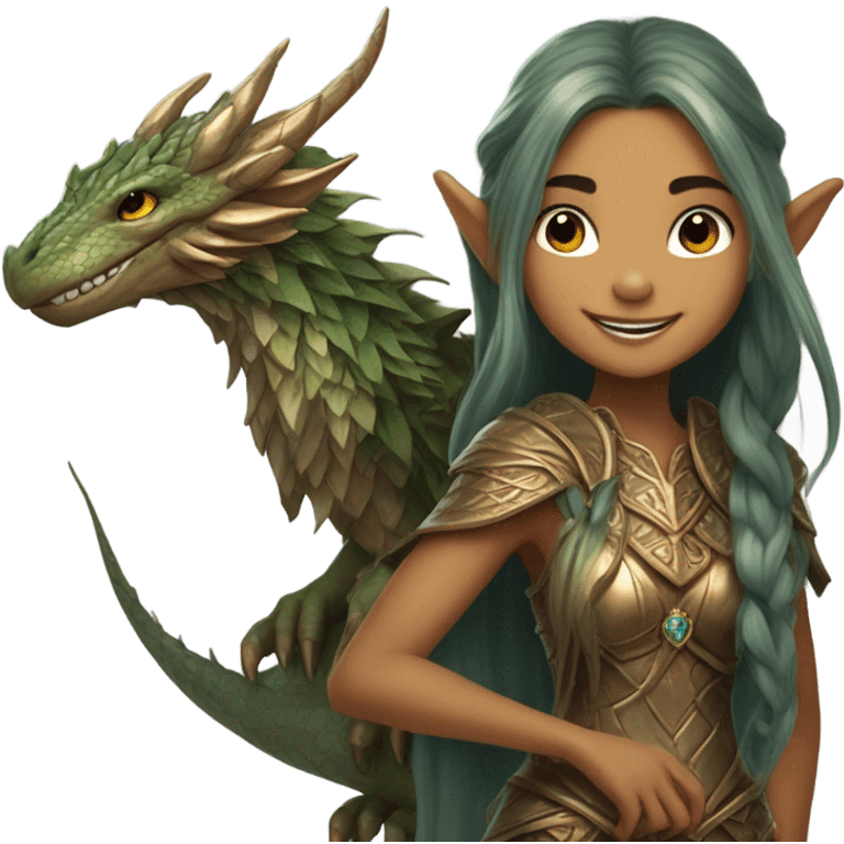 an elf woman holding jolly bronze dragon emoji