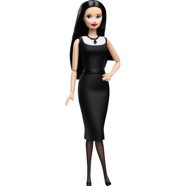 Really Hot elegant Wednesday Addams Barbie. Slinky silk well-fitted, backless black dress. very pale complexion. simple jewelry. Bedroom eyeshadow. Dark straight hair. emoji