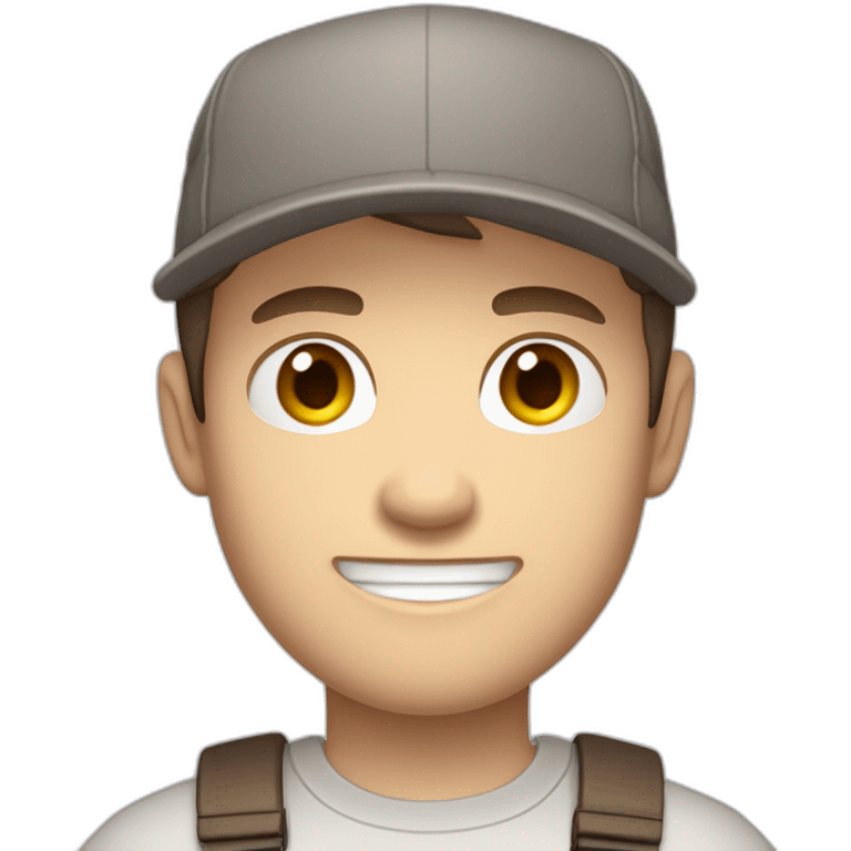 Pale skinned fit Man with dark brown hair in a light gray cap, dark brown jeans, brown polo and white T-shirt keeping a pasted with tape white box into his hands emoji