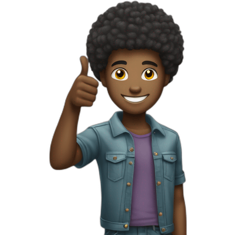 young african descent man showing thumb up with friendly face and a little afro haircut trimmed on the sides wearing urban clothing emoji