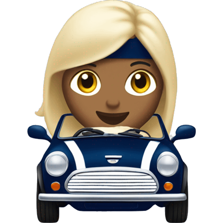 navy blue convertible Mini Cooper, with white woman driving emoji