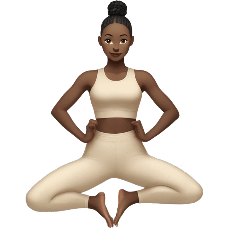 Pale skinned fit women in a beige tight yoga suit and wristbands with black hair in a bun doing yoga emoji