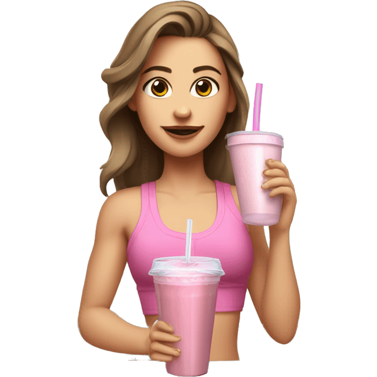 Brown haired white girl in pink croptop drinking protein shake emoji