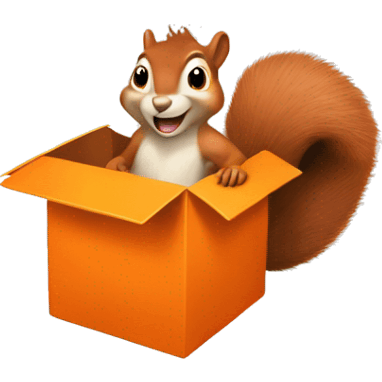 The squirrel is excited, tearing into a large orange box with items spilling out. emoji