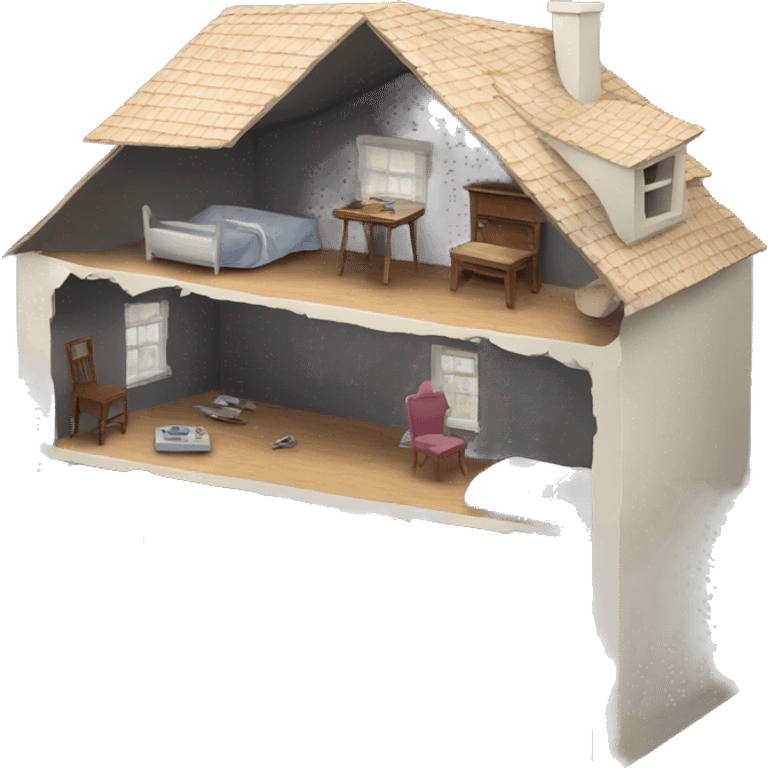 A broken-down dollhouse with a doll sitting inside, lifeless and blank-eyed emoji