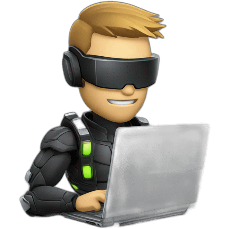 Side view developer behind his laptop with this style: Crytek Crysis Video game with character on the theme of hackers nanosuit Swift programming language emoji