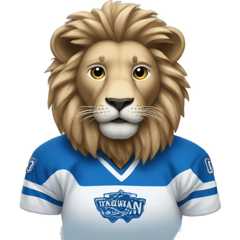 A lion in a hockey uniform in white and blue emoji