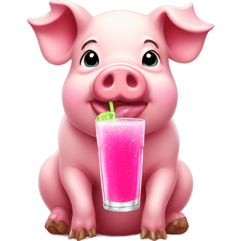 pig with a pink drink and sparkles around preppy background emoji