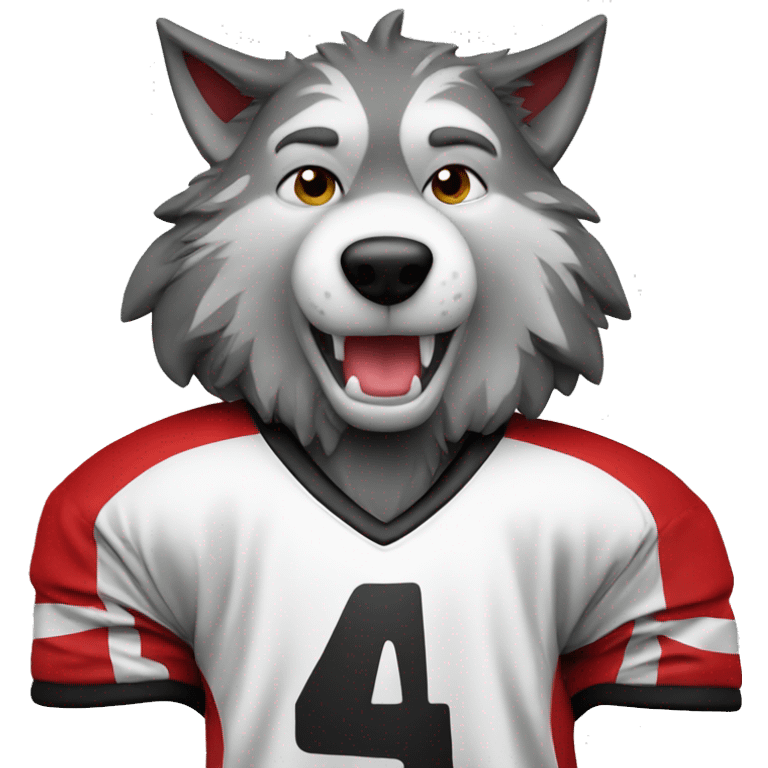 A wolf in a hockey uniform in red black and white with emoji