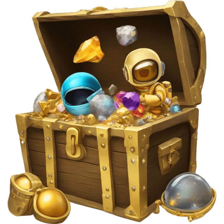 Open Treasure chest with astronaut helmets, gold,gems and some space themed items inside emoji