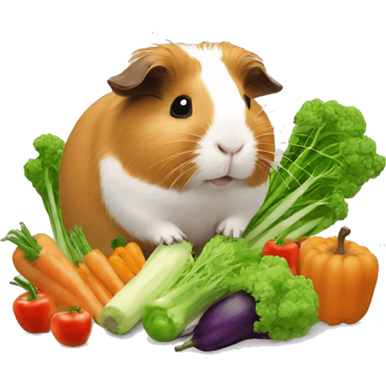 Guineapig eating a huge pile of veggies and fruit emoji