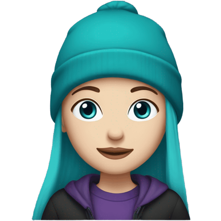 White girl, blue eyes, long teal hair, purple beanie hat, black hoodie emoji