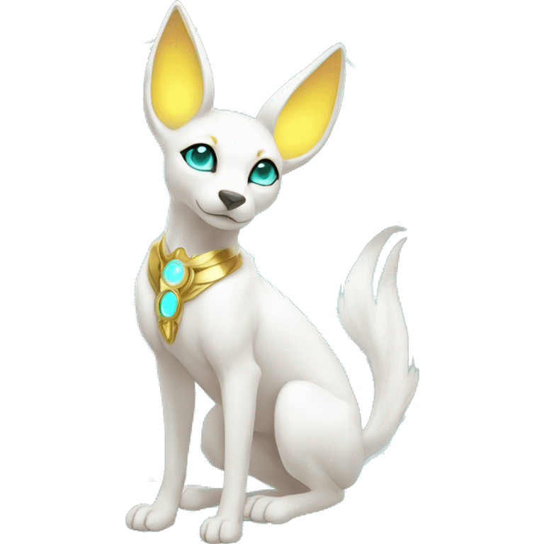 Shiny White Angelic Godly Ethereal Majestic Electric Albino Umbreon. cyan eyes and cyan markings. Golden Anubis-rings. full body emoji