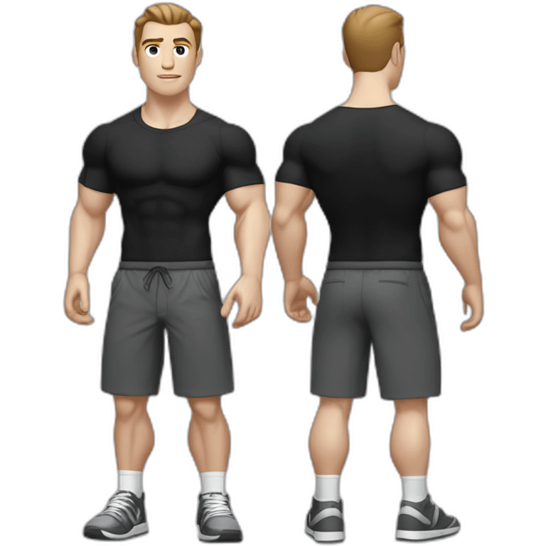 Pale skinned Fit Man With the biceps and dark brown hair in black shirt, gray sports shorts and white Sneakers emoji