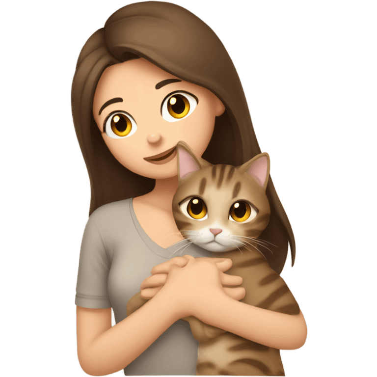 brunette hair girl snuggling beige tabby cat emoji