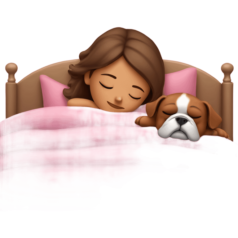 Sleeping girl in pink bed with meshed brown hair and bulldog emoji