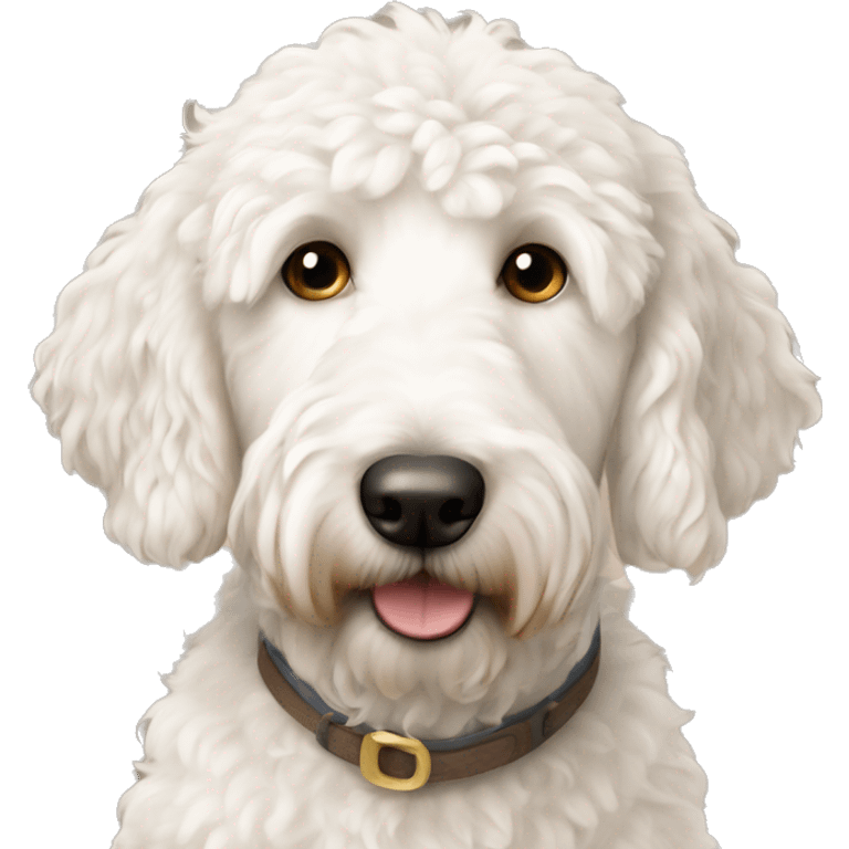 White golden doodle with a brown ear emoji