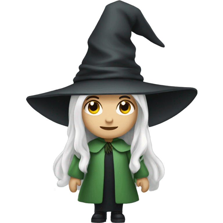 A white woman with white long hair and witch's hat and green clothes  emoji