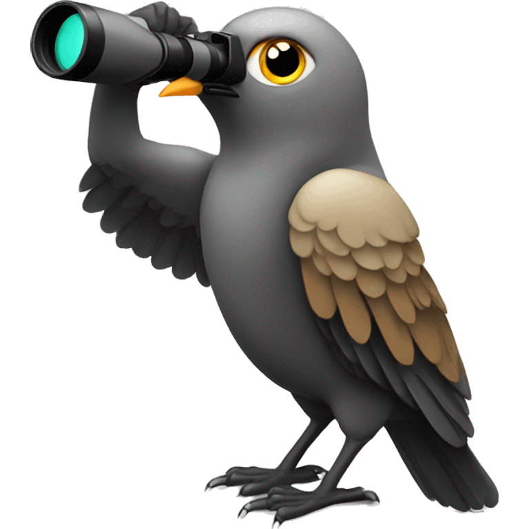 bird holding binoculars with wings a bit away from his eyes searching in the distance emoji