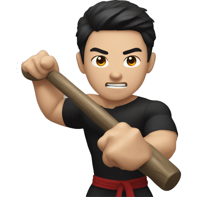 Use a muscular Korean man with a tight black shirt, hitting a gong emoji