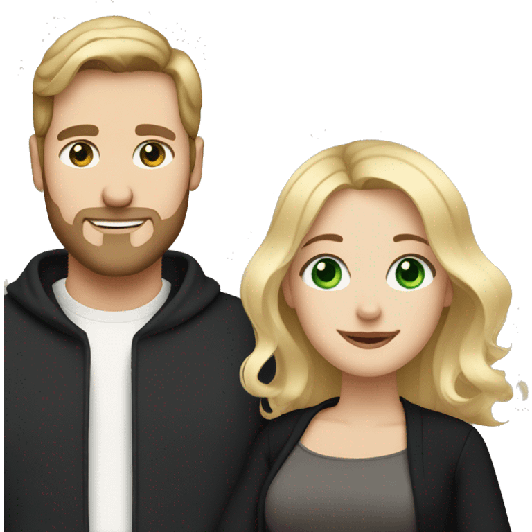 Pregnant blonde with a wavy bob and green eyes with brown haired husband with blue eyes and a light beard both wearing black clothes emoji