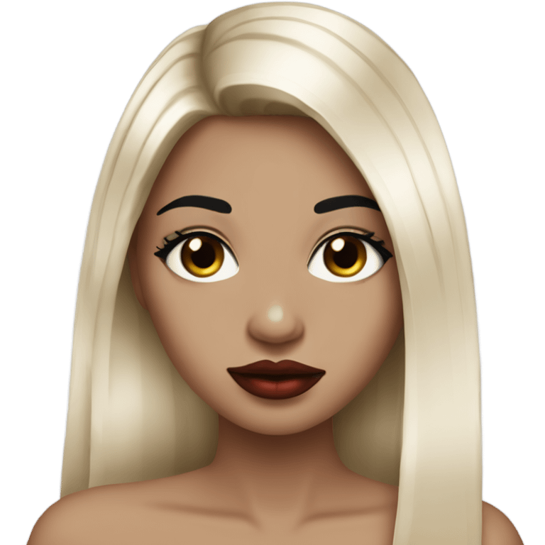 girl with white skin and balayage straight straight hair , black black black eyes with eyelashes, black eyebrows red lips,  emoji