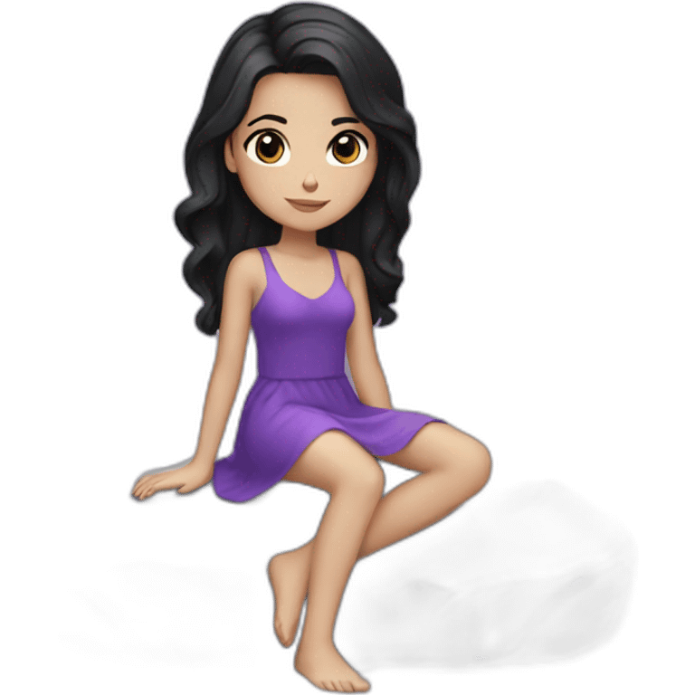 a white girl black hair laying on stone with purple dress emoji