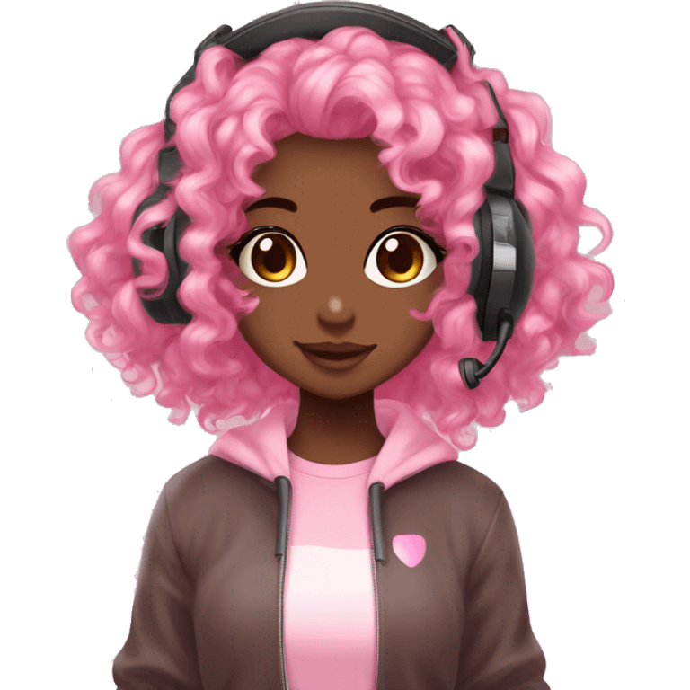 DARK BROWN SKIN GAMER GIRL WITH PINK CURLY HAIR gamingheadset pink kawaii gamer shiny blushing cute kawaii pastel anime trending style pink gaming headset gamergirl pastelcore emoji