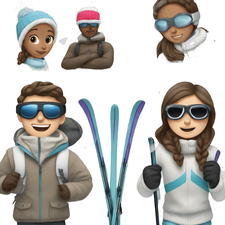 White brunette boy and white brunette girl skiing together in love emoji