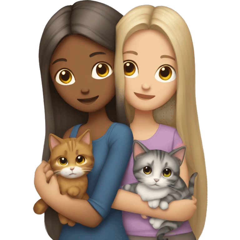 Two long hair girls and two cats in hands emoji