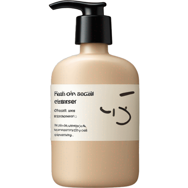 A skincare facial cleanser in a beige bottle and black writing  emoji