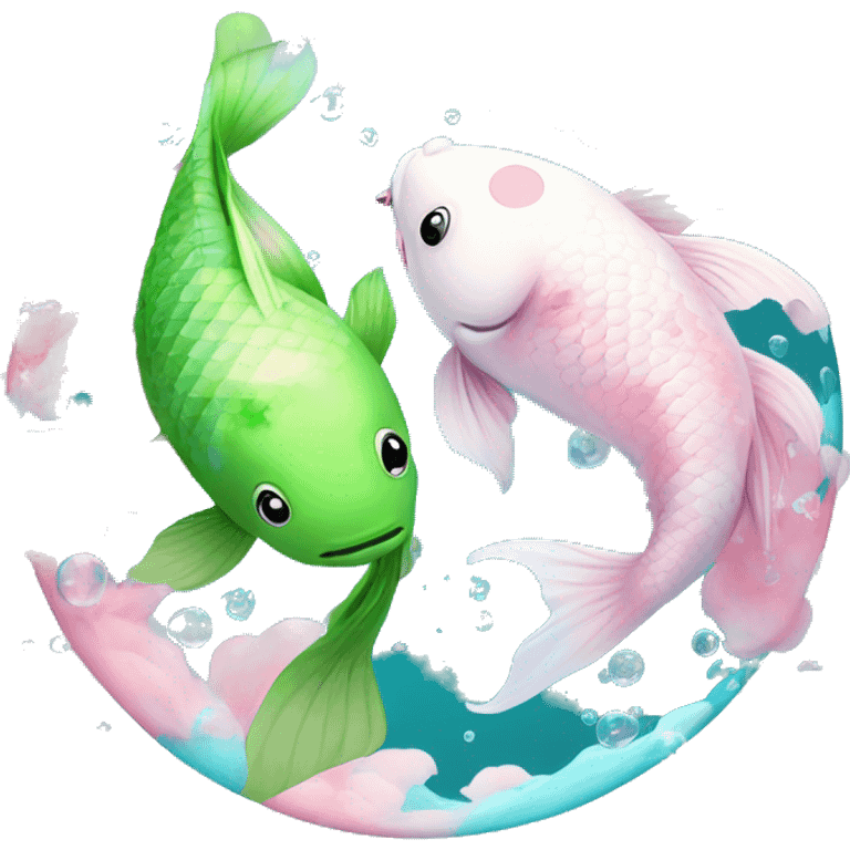 Pisces Two realistic green and blue the other pink and white koi fish swimming in circle ying yang cloudy dreamy bubbles  emoji