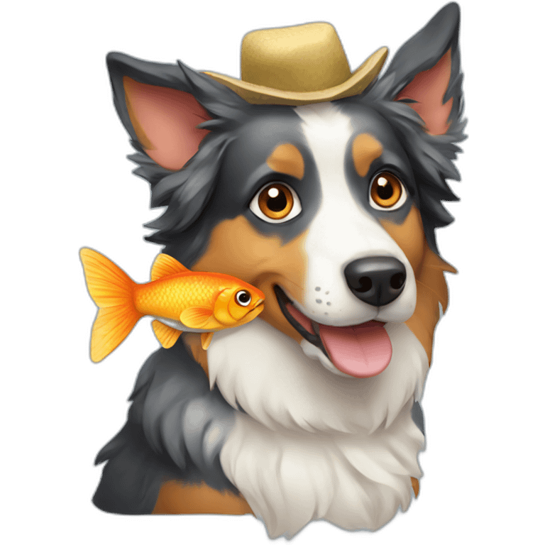 Australian Shepard dog wearing fish costume emoji