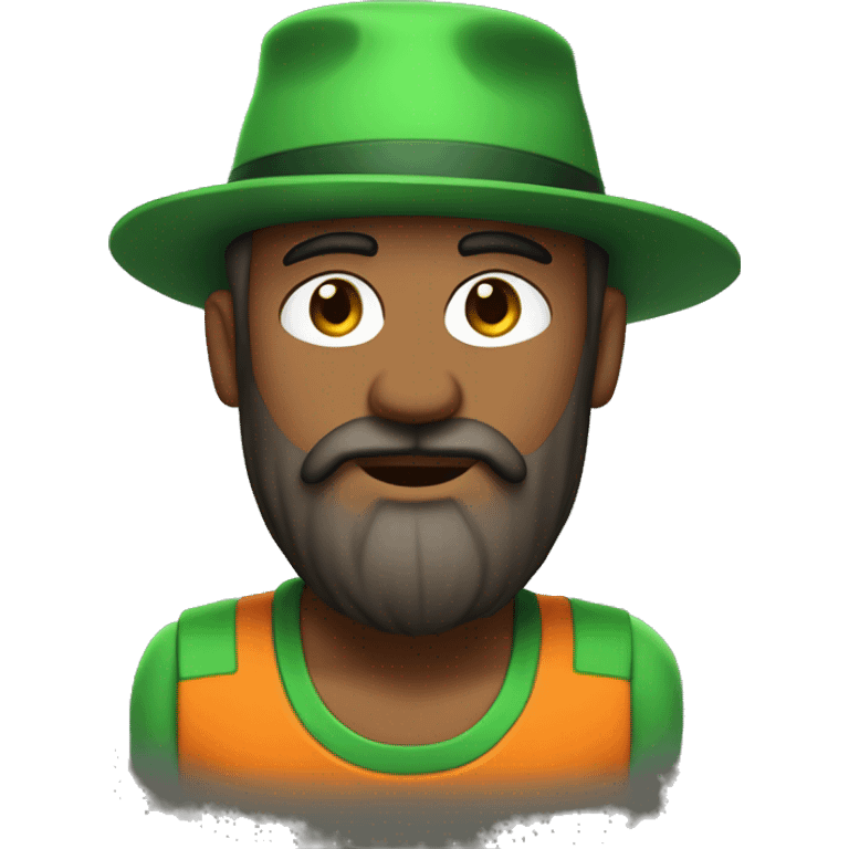 A green-eyed, orange dress, hair on his chest, green hat, one eyebrow, extreme bearded person emoji