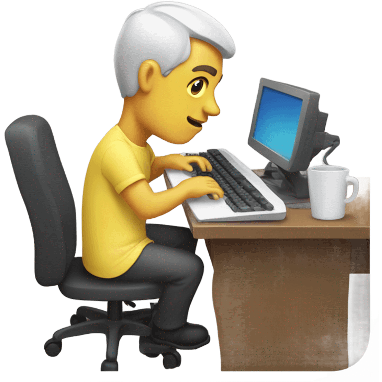 yellow skin man typing on keyboard wearing white button down shirt seating on desk front view emoji