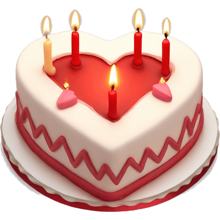 Red heart shaped birthday cake, top view, 4 candles emoji