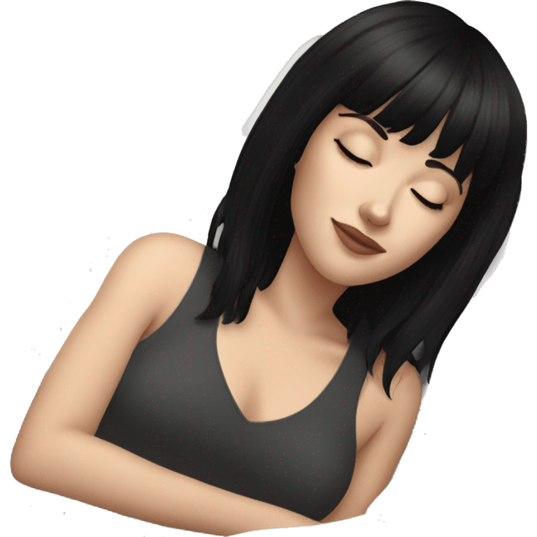 Woman pale skin black hair with bangs sleeping in bed, white woman emoji