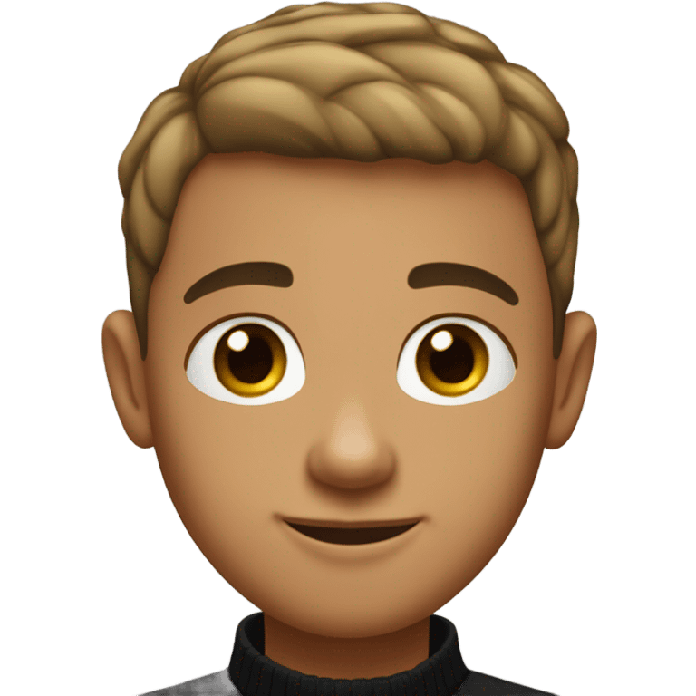 boy with light tanned skin, buzz cut, no facial hair, wearing a smart black quarter zip jumper with white t shirt underneath. emoji