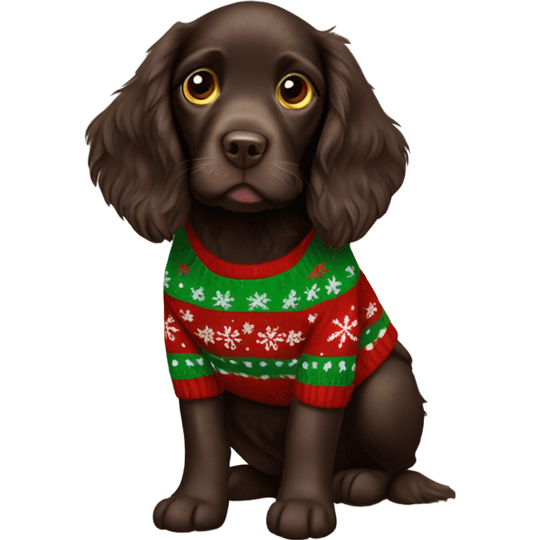 Boykin spaniel puppy wearing Christmas sweater  emoji