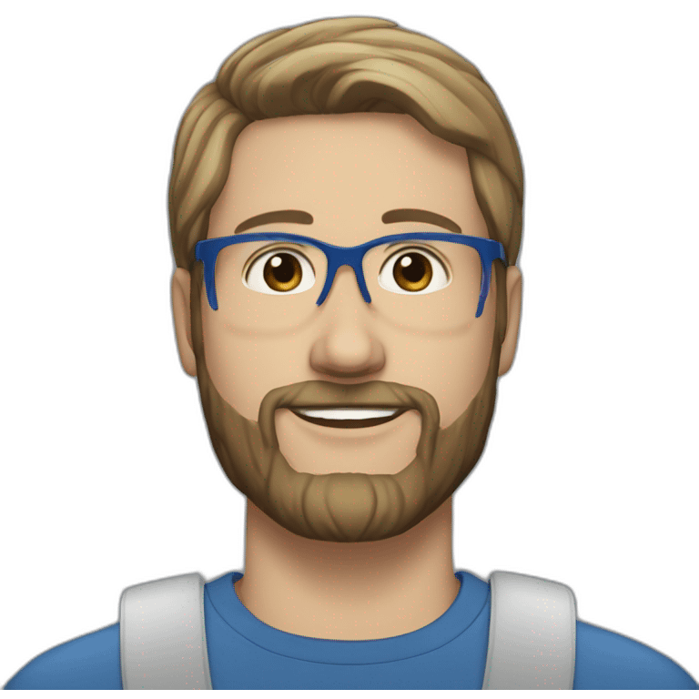 man 41 years old, very tiny beard, brown and silver short hair,blue glasses, french, pale skin emoji