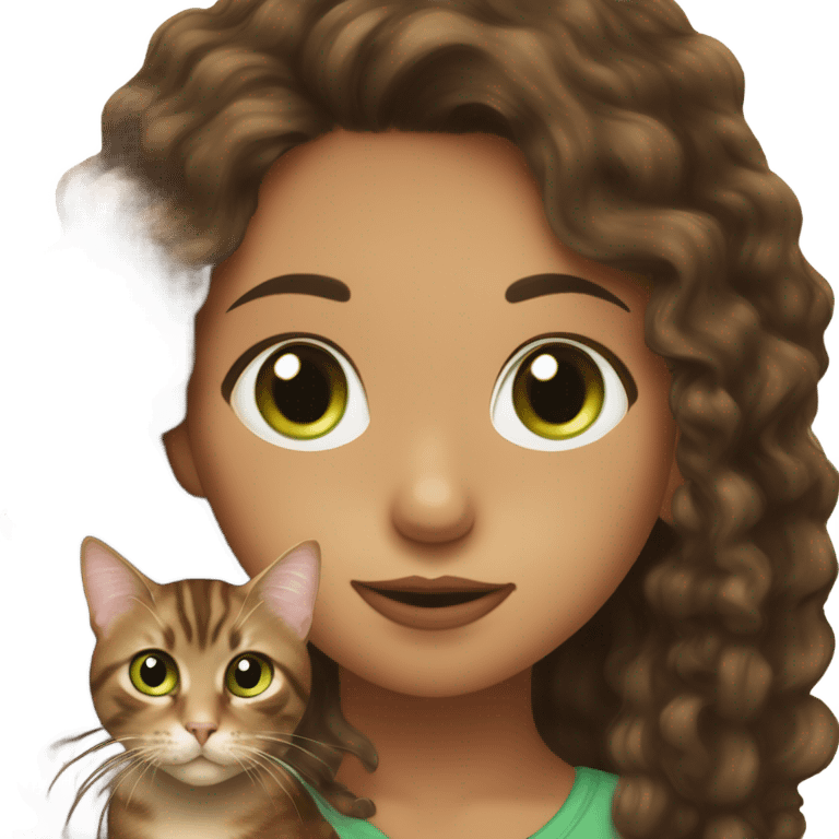 Girl with fair skin, hazel eyes, and long, dark brown curly hair kissing a brown tabby cat with green eyes on its head emoji