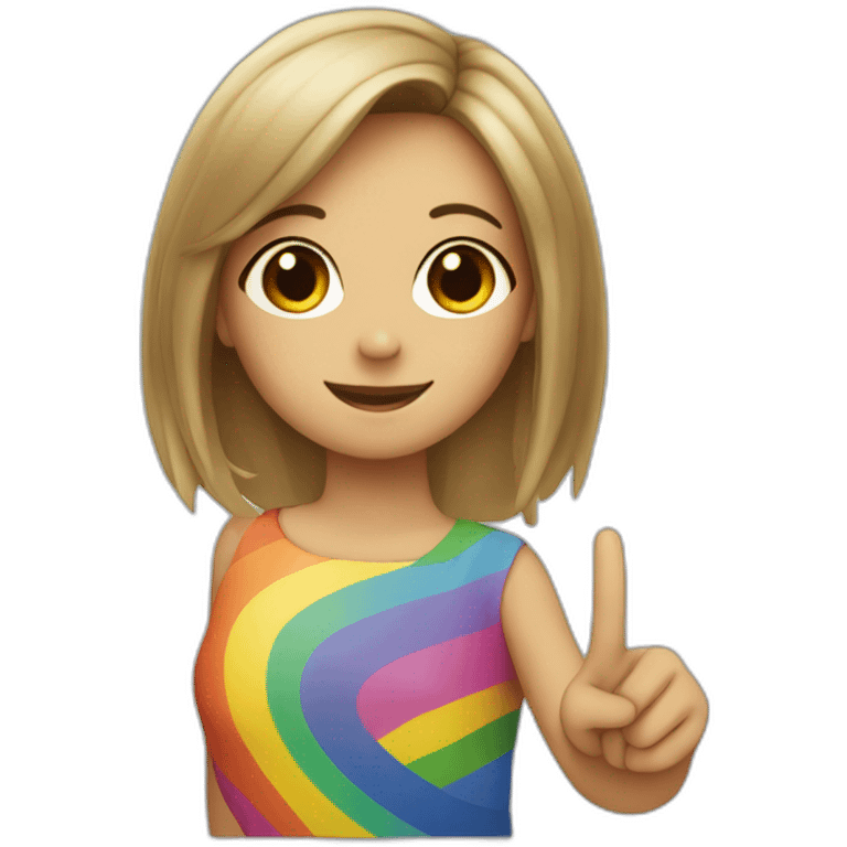 Girl with rainbow flag in the back doing a peace sign and a winky face emoji