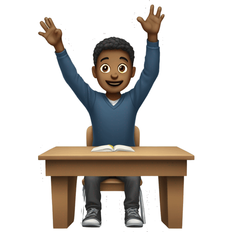 boy is sitting at school desk, hand is raised emoji