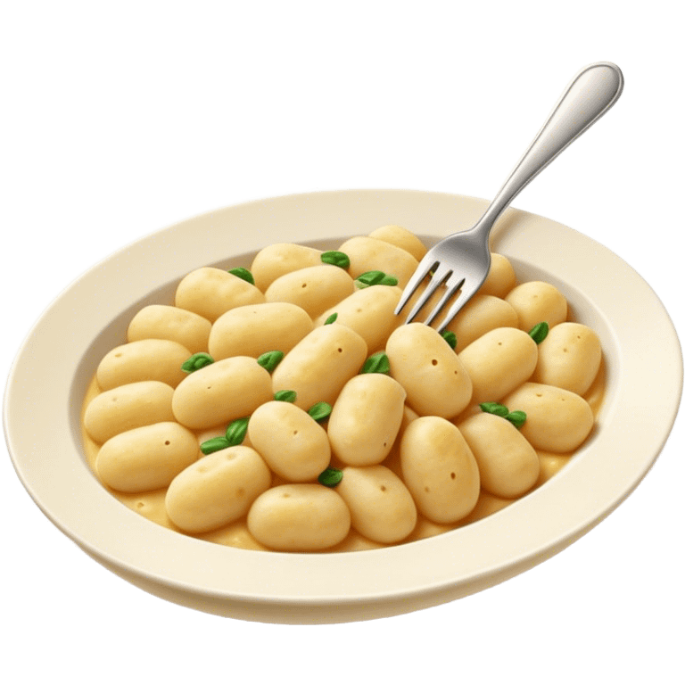 Gnocchi Cinematic Realistic Gnocchi Dish Emoji, depicted as tender oblong potato gnocchi garnished with iconic fork marks on top, rendered with soft textures and warm, inviting lighting. emoji