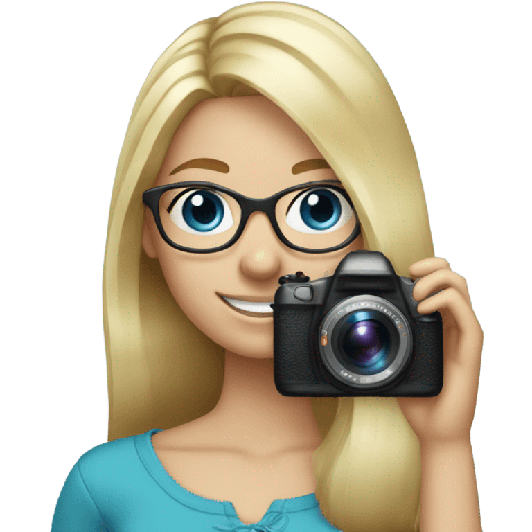 Real blonde girl with glasses smiling blue eyes taking pictures with a camera  emoji