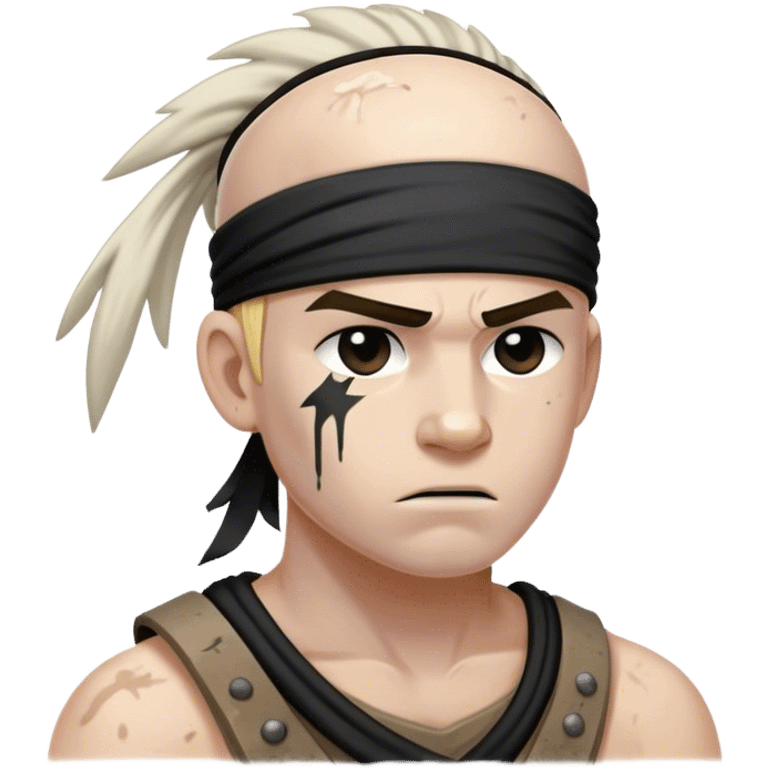 A battle-worn warrior with a black headband, sweat and dirt streaked across his pale skin emoji